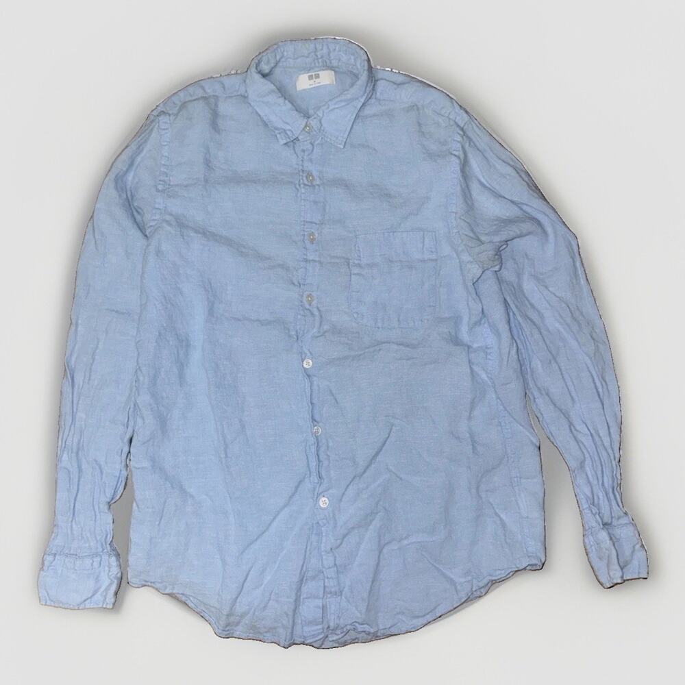 Uniqlo Linen Button Up Shirt Blue Medium 18x27